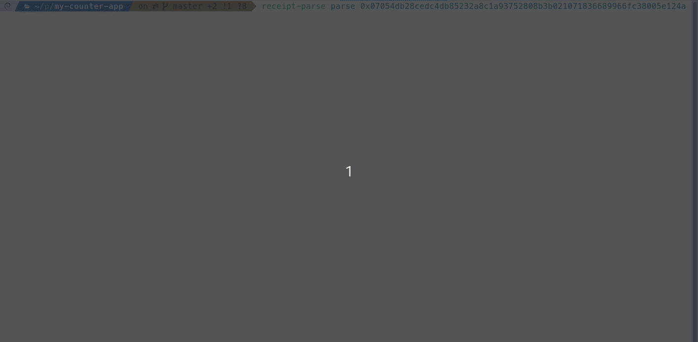Animated GIF of `receipt-parse` decoding a complex transaction hash